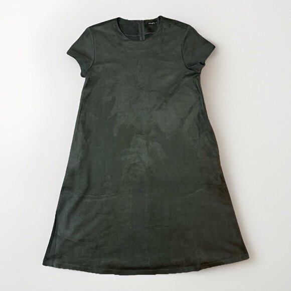 J McLaughlin Swing Dress Cap Sleeve Olive Green Faux Suede Size M Pockets - Picture 8 of 15